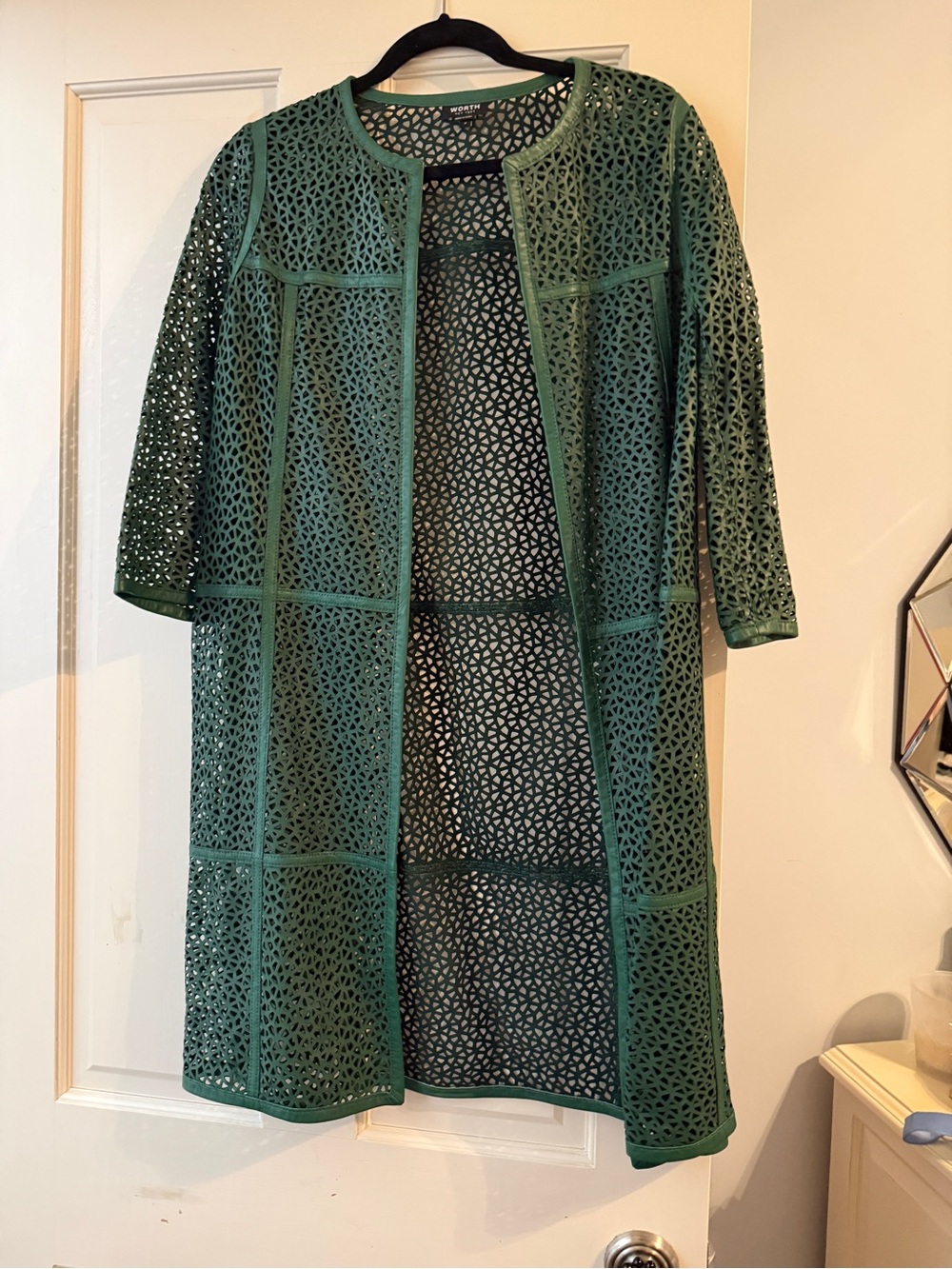 Worth Green Laser-Cut Leather Coat
